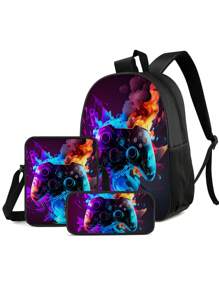 3 Pieces Set Backpack For Boys Girls, Kids Game Controller Patterned Backpack For Teens Elementary Middle High School Students, Large Capacity School Bags With Shoulder Bags And Pencil Case For Back To School Gift