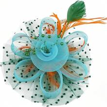Derby Fascinators Women High Tea Party Hat Wedding Cocktail Flower Headware With Mesh And Feathers - 橙色&淺藍色 - 查看 4
