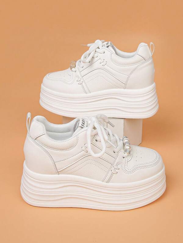 Women's Preppy Style Lace Up Casual Sneakers With Thick Platform Soles, Comfortable And Versatile
