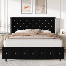Queen Bed Frame With Headboard, Velvet Upholstered Bed With Wingback And Diamond Tufted Design, Wood Slat Support,  Modern Bed Frame, Twin Bed Frames/ Full Size Bed Frame/ Queen Bed Frame/ King Size Bed Frame Black/Pink/White/Blue/Green/Purle - 黑色 - 查看 11