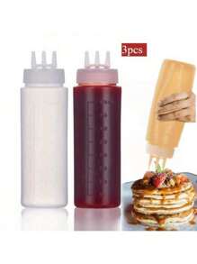 Kitchen Squeeze Bottle, 3-Hole Design With Scale - Durable PE Material, Perfect For Sauces, Condiments And Baking - Includes White, Red And Amber Nozzles, Condiment Dispenser | Modern Kitchenware | Translucent Material, Sauce Squeeze Bottle