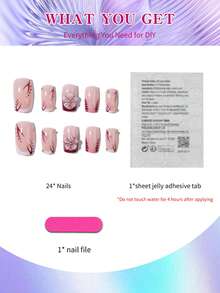 24 件短方形 3D 凝胶花指甲带闪光设计法式尖头按压指甲短完美贴合亚克力假指甲套装包括：1 件果冻胶和 1 件指甲锉，法式尖头指甲适合女性和女孩日常生活节日派对使用美甲用品指甲 - 彩色 - 查看 4