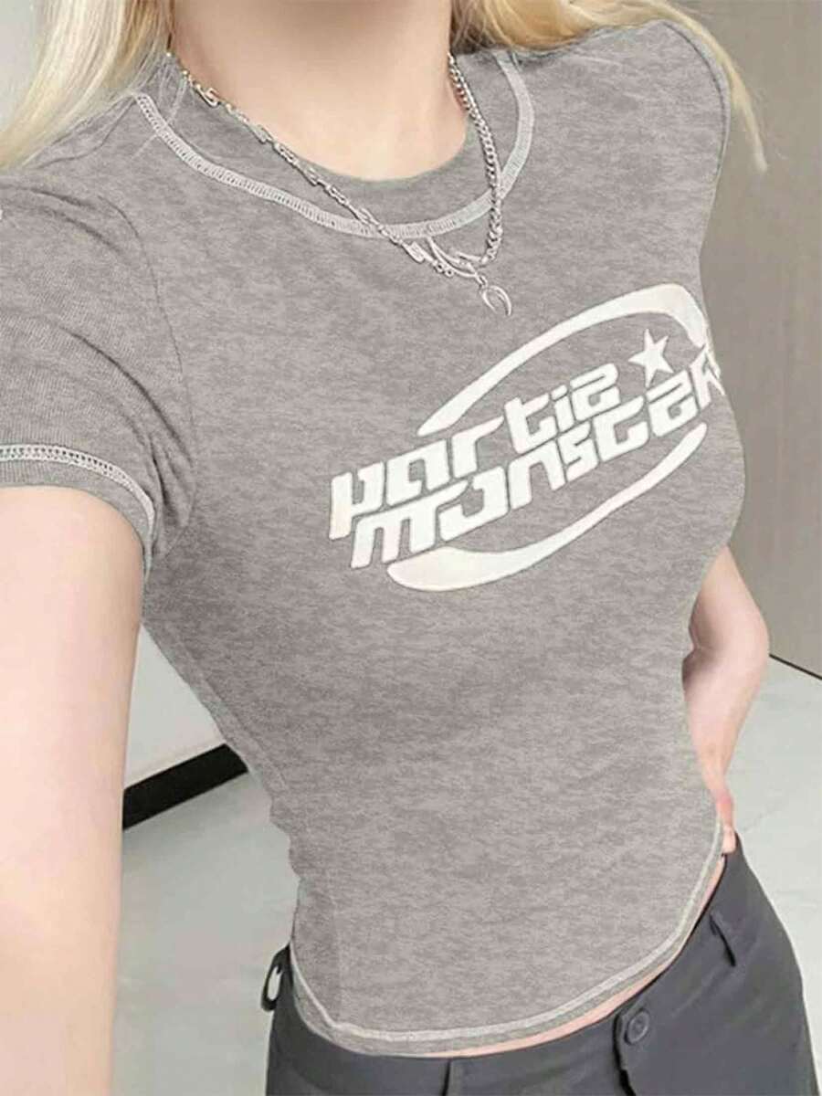 Women's Summer Y2K Style Stitched Short Sleeve Logo Graphic Fitted Tee - Light Grey - View 1