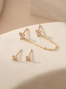 3 pièces/set de boucles d'oreilles délicates avec chaîne en zircone cubique, clip ou percées, convenant pour le port quotidien, les fêtes et événements (la quantité par emballage est seulement pour une oreille)