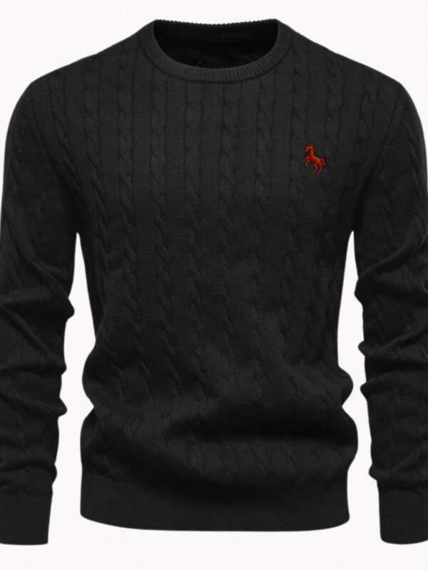 1 pieza Jersey casual de ajuste regular para hombre, con diseño de bordado floral retorcido, cuello redondo, para otoño/invierno