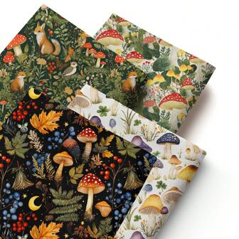 Set de 4 piezas de tela de poliéster con diseño de plantas y setas, de 17.71x19.68 pulgadas, con estampados vibrantes de setas y ardillas, para acolchar, patchwork, manualidades DIY, bolsas, y hacer billeteras DIY