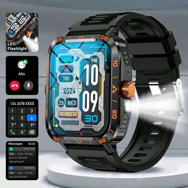 New Unisex Outdoor 1.95 Inch Smart Watch With LED Flashlight, Multifunctional Sports Fitness Smartwatch With Wireless Call, Message Push, Music Control, Compatible With Android And IOS