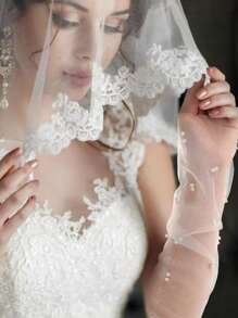 1 Paar elegante europäische und amerikanische Hochzeit Braut handgefertigte Perlenverzierte Armlinge, glänzendes einfarbig lässiges und sexy Polyester, geeignet für Frühling, Sommer, Herbst, Geburtstagsfest