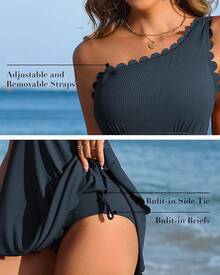 Ribbed One Shoulder Swim Dress With Tummy Control For Women - 海軍 - 查看 9