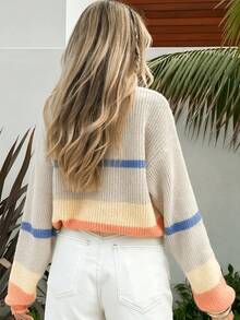 Women Casual Elegant Two-Tone Striped Knit Sweater, Simple Crew Neck Pullover For Commuting, Loose Relaxed Fit, Autumn/Winter
