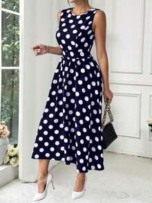 Elegante vestido midi sin mangas, vestido con estampado de lunares - Azul - Ver 1