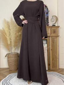 1 pieza Vestido Jalabeya informal de unicolor con cordón para mujer, elegante para Eid Mubarak, uso en el hogar, citas, viajes, vacaciones, primavera/otoño