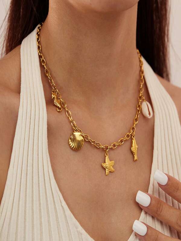 1 pieza Collar con estilo oceánico con colgante de estrella de mar, concha y pez, collar de moda para vacaciones en la playa y uso diario