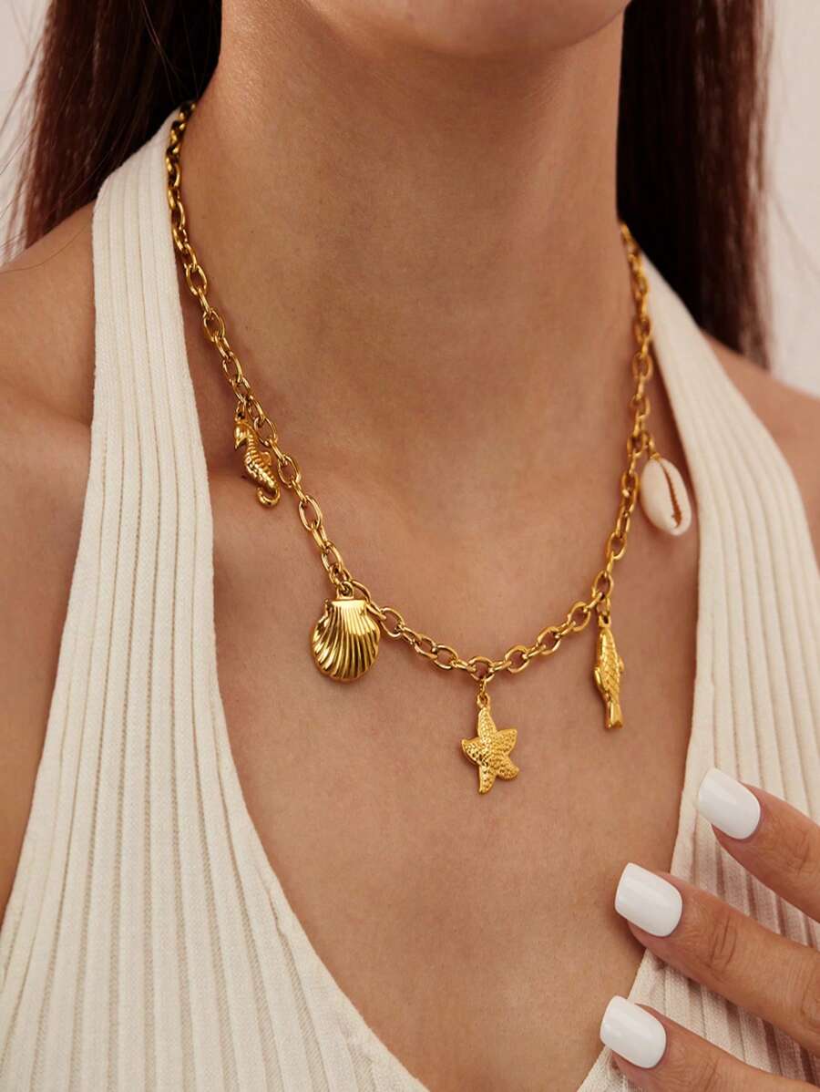 1 pieza Collar con estilo oceánico con colgante de estrella de mar, concha y pez, collar de moda para vacaciones en la playa y uso diario