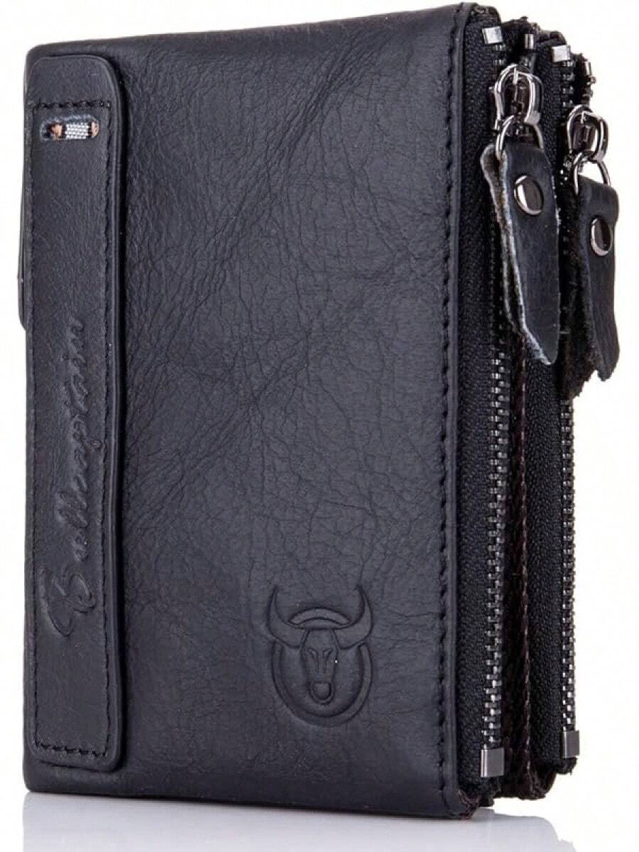 BULLCAPTAIN Genuine Leather Wallet For Men Vintage Bifold Double Zipper Coin Purse, Brown, 4.7"X1.2"X3.7"(HxWxL) - Black - View 1