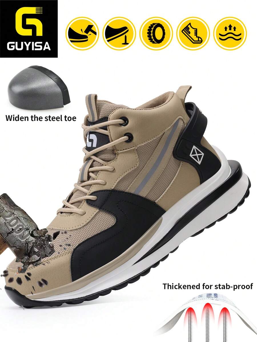 GUYISA 男士卡其色靴子，時尚鋼頭防砸防穿刺透氣輕量休閒工作鞋