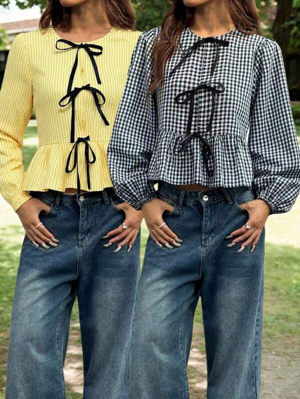 2pcs Women Loose Style Bowknot Long Sleeve Fashion Shirt Set