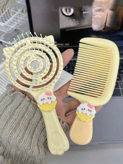 Sanrio Sanrio 2 Pieces Cartoon Cat Ear Hollow Rib Comb Set, Rib Comb Fluffy High Cranial Hair Artifact For Women's Special Long Hair Massage Comb Hollow Household, Travel, Daily Use(Accessories Need To Be Glued By Themselves After Receiving The Goods)