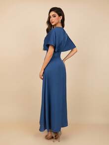 MOEVIO 优雅 V 领裹身高腰开叉大腿长款伴娘正式晚礼服婚礼宾客礼服女士，新娘母亲礼服，生日女士服装，别致毕业礼服 - 藍色 - 查看 4