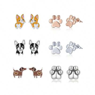 bamoer 1 par de aretes de perro tipo Corgi, French Bulldog, Dachshund de plata esterlina 925 con forma de patita, para mujer, joyería fina y adorable