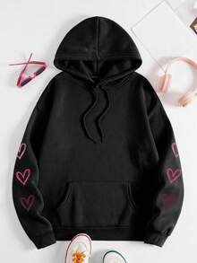 Plus Size Heart And Love Print Sweatshirt, Casual Long Sleeve Pullover With Pockets, Suitable For Autumn And Winter Season, Plus Size Clothing For Women,Suitable For Daily Wear, Going Out, Party, School, Attending Music Festivals, Vacation, Commuting. Can Be Given As A Gift To Family, Boyfriend,Girlfriend, Friends,Girls Winter Clothes,Essentials Sweatshirt - Black - View 4