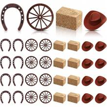 20 piezas Decoraciones para fiesta con temática del oeste, centros de mesa de vaquero, herradura de la suerte, sombreros de vaquero en miniatura, montón de heno simulado, rueda de vagón de madera, decoración para manualidades, suministros para fiesta de vaquero, cumpleaños, boda