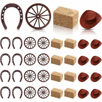 20 piezas Decoraciones para fiesta con temática del oeste, centros de mesa de vaquero, herradura de la suerte, sombreros de vaquero en miniatura, montón de heno simulado, rueda de vagón de madera, decoración para manualidades, suministros para fiesta de vaquero, cumpleaños, boda