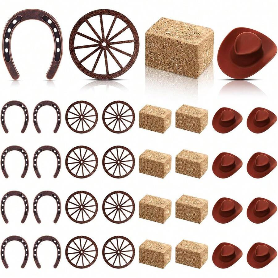 20 piezas Decoraciones para fiesta con temática del oeste, centros de mesa de vaquero, herradura de la suerte, sombreros de vaquero en miniatura, montón de heno simulado, rueda de vagón de madera, decoración para manualidades, suministros para fiesta de vaquero, cumpleaños, boda