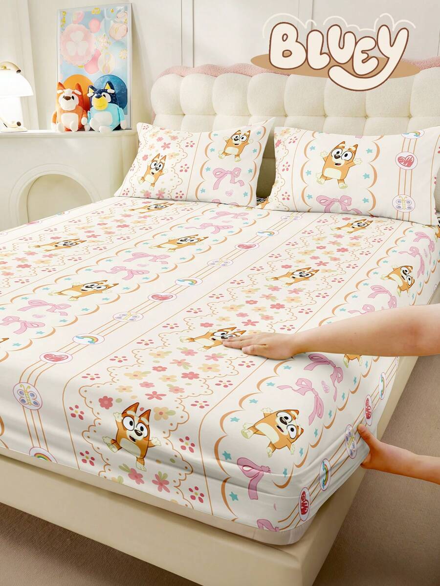 Bluey 1 bộ ga trải giường họa tiết người lùn xanh dương, bộ đồ giường họa tiết người lùn xanh dương dễ thương, tấm bảo vệ nệm, ga phủ giường, ga trải giường vừa vặn, đồ dệt gia dụng thoải mái, tấm bảo vệ nệm thoáng khí thân thiện với da, chống xù lông, ga phủ giường hoạt hình, trang trí nhà cửa, ga phủ giường trang trí - Màu trắng kem - Xem 1