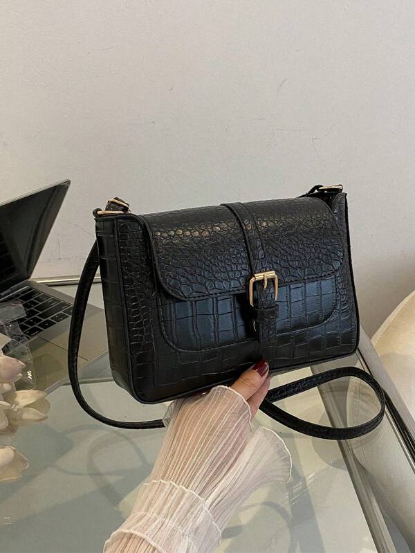 Bolsa Transversal de Couro com Decoração de Cinto de Cor Sólida e Fecho de Pressão, Moda Feminina