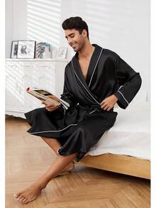 Bata de satén para hombres, ligera. Bata de baño de kimono de seda lujosa para hombres - Negro - Ver 4
