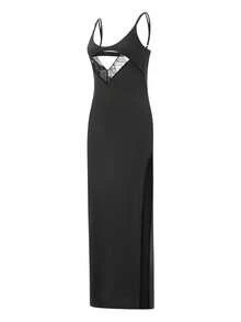 Women's Summer Slim Sleeveless Dress Lace Patchwork Low Cut Cutout Front Thigh Slit Long Dress - Black - View 10