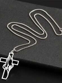 1 件男士不锈钢十字架项链 - 祈祷之手基督教信仰吊坠，宗教珠宝饰品，无电镀