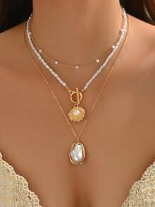 3 件套优雅金色手工链条项链，百搭 OT 扣人造珍珠和贝壳吊坠，时尚不对称人造珍珠吊坠项链，适合女士日常佩戴、约会、用餐、旅行、度假 - 多色 - 查看 1