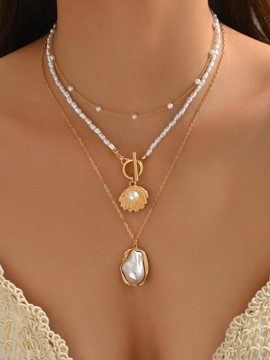3 件套优雅金色手工链条项链，百搭 OT 扣人造珍珠和贝壳吊坠，时尚不对称人造珍珠吊坠项链，适合女士日常佩戴、约会、用餐、旅行、度假 - 多色 - 查看 1