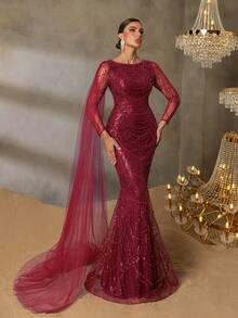 Elisanya Haute Glamour Gorgeou Sheer Sleeves Draped Side Mermaid Hem Beaded Formal Dresses & Evening Gowns - Burgundy - View 9