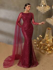 Elisanya Haute Glamour Gorgeou Sheer Sleeves Draped Side Mermaid Hem Beaded Formal Dresses & Evening Gowns - Burgundy - View 5
