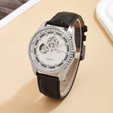 1pc Automatic Mechanical Hollow Dial Leather Strap Watch, Fashion Business Men's Gift