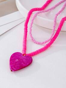1 Set Includes 1 Pink Seed Bead Necklace & 1 Rose Red Soft Ceramic Beaded Necklace With Heart Pendant, Suitable For Summer Vacation And Daily Wear - Hot Pink - View 5