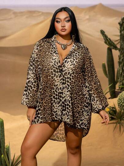 Plus Size Leopard Print Loose Shirt & Shorts Set - Exotic African Sexy Women's Outfit | Perfect For Beach Vacation, Outdoor Adventure, Tropical Trip, Seaside Stroll And Island Hopping
