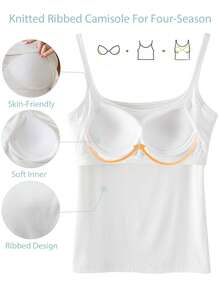 罗纹针织吊带背心，加厚基本款休闲吊带背心，女式性感露背双上衣，弹力细肩带短款吊带，带衬垫胸罩，女式白色短款吊带背心，汗衫，无袖上衣，女式背心短款上衣，夏季度假装，健身装 - 白色 - 查看 7