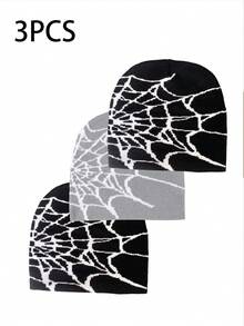 3 件蜘蛛网休闲街头风格腈纶混纺拼色针织帽，适合日常穿着秋季配饰 - 彩色 - 查看 11