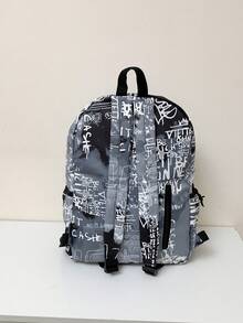 1件学生书包旅行包背包校园包，轻巧便携拉链开合，学院风大容量涂鸦图案设计，适合大学生、朋友、情侣、男女朋友、同学等，返校理想之选 - 黑色 - 查看 4