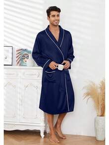 Men's Satin Robe Lightweight,Men's Luxurious Silk Kimono Bathrobe - Navy - View 2