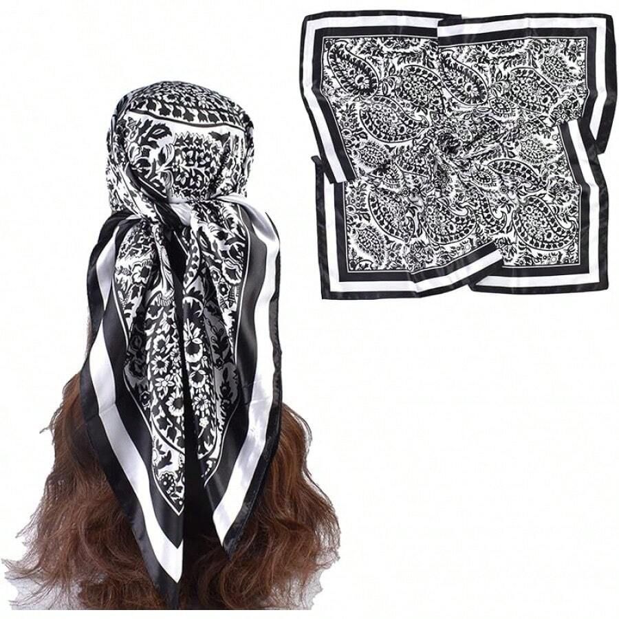 35 Inches Silk Head Scarf-Satin Hair Scarves Silk Bandana Scarf Headscarf For Women's Fashion Scarveshalloween - 黑大腰果 - 查看 1