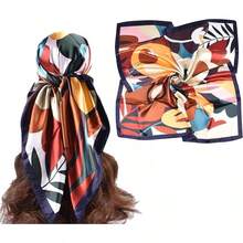 35 Inches Silk Head Scarf-Satin Hair Scarves Silk Bandana Scarf Headscarf For Women's Fashion Scarveshalloween - 彩色向日葵-海軍藍 - 查看 12