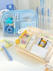Simple Color Wide-Open Pencil Bag Pen Case 12 Compartments Oxford Fabric Storage Pouch For Stationery School Student , Back To School Gifts