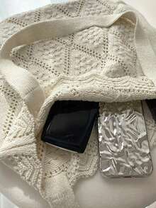 Minimalistische gehäkelte Urlaubs-Tragetasche – geräumige gewebte Umhängetasche, Rucksack, großes Fassungsvermögen, tragbar, geeignet für Teenager-Mädchen, Studenten, Büroangestellte, ideal für Arbeit, Mittelschule, Gymnasium, Hochschule, Urlaub, Reisen, Outdoor, Strand, klassisch lässig, Cut Out