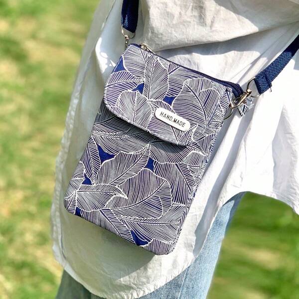 Bolsa Tiracolo com Estampa de Folha - Bolsa de Tecido com 5 Camadas para Grandes Smartphones, Bolsa Transversal para Mulheres, Carteira Porta-Moedas