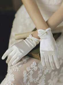 1 双女士新娘婚礼手套，缎面腕长歌剧手套，带珍珠装饰，正式派对礼服手套秋季配饰